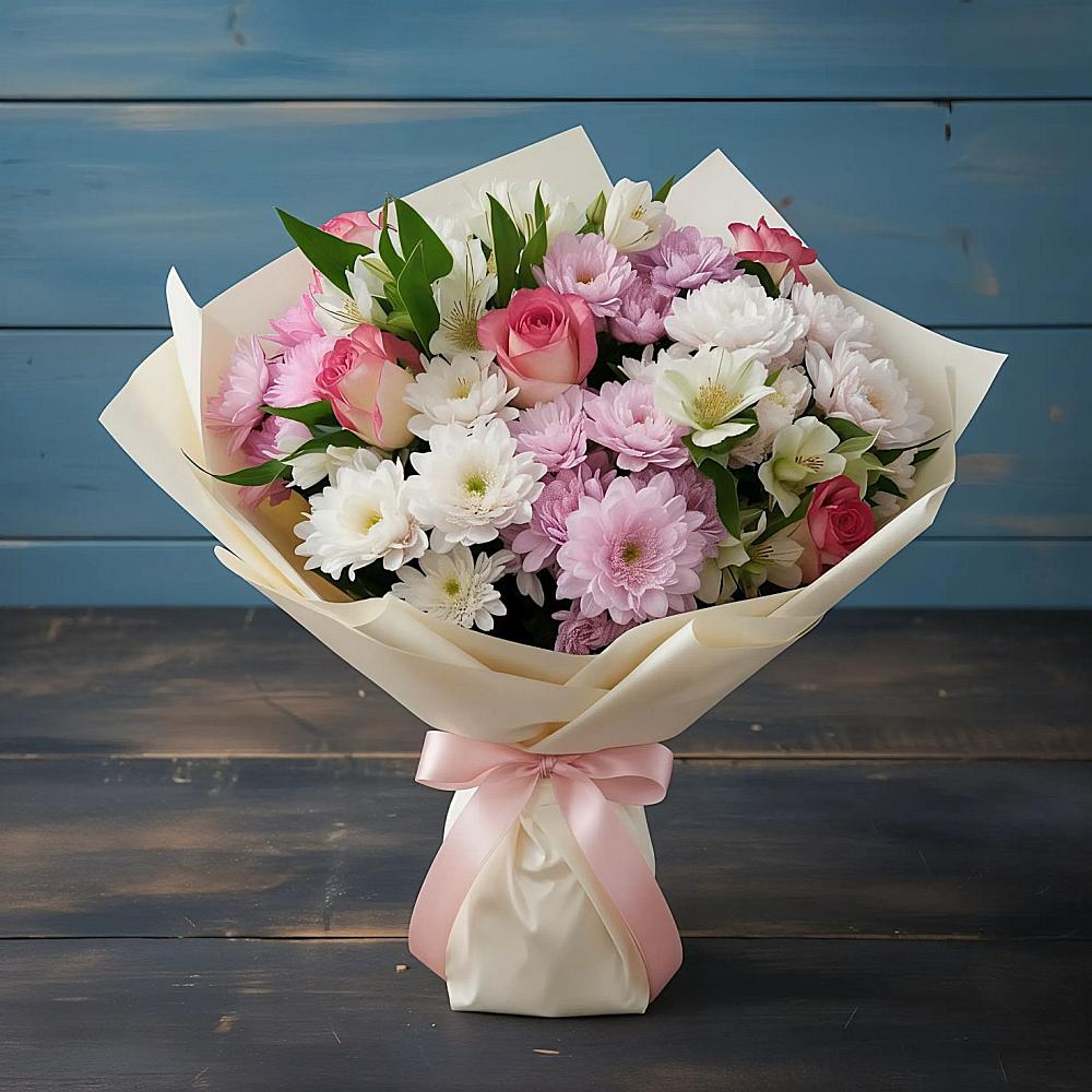 Букет цветов из: Хризантемы, Альстромерии и Розы в Ясные Зори